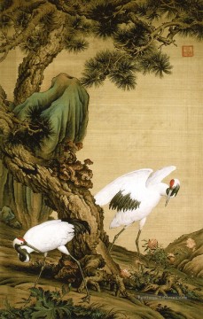 Lang brillant deux grues sous le pin arbre ancienne Chine encre Giuseppe Castiglione oiseaux Peinture à l'huile
